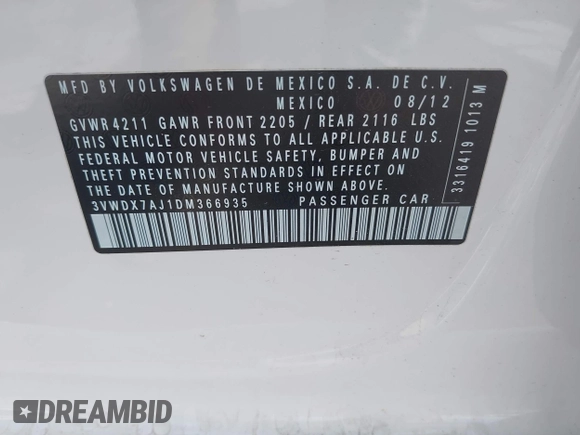 2013 Volkswagen Jetta SE with VIN 3VWDX7AJ1DM366935, listed as a IAAI auction lot 41961342 with Not provided miles and . Bid and sale history available at DreamBid. Image 9.
