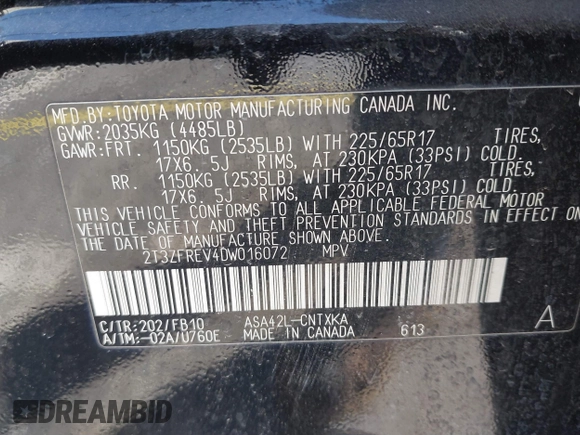 2013 Toyota RAV4 LE with VIN 2T3ZFREV4DW016072, listed as a IAAI auction lot 41753375 with 143,711 mi miles and . Bid and sale history available at DreamBid. Image 9.