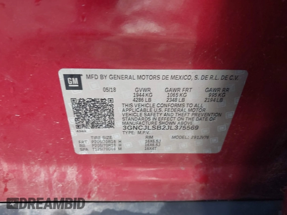 2018 Chevrolet Trax LT with VIN 3GNCJLSB2JL375569, listed as a IAAI auction lot 41377630 with 98,238 mi miles. Bid and sale history available at carsss.com. Image 9.
