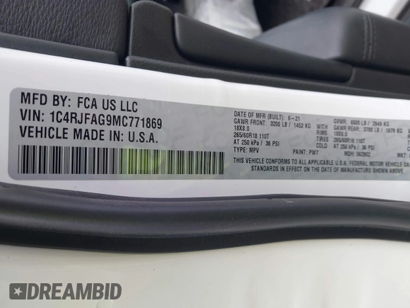 2021 Jeep Grand Cherokee Laredo X with VIN 1C4RJFAG9MC771869, listed as a IAAI auction lot 40444150 with 45,868 mi miles and . Bid and sale history available at DreamBid. Image 9.