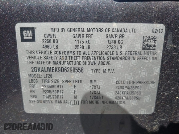 2013 GMC Terrain SLE с VIN 2GKALMEK9D6290558, выставлен на аукционе IAAI как лот 42592396 с пробегом 151 723 миль миль и . История ставок и продаж доступна на DreamBid. Изображение 9.