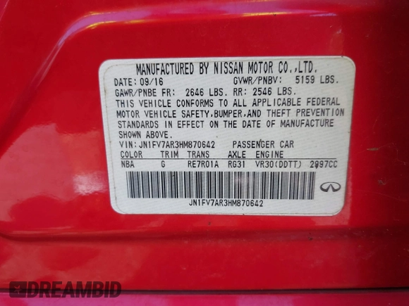 2017 Infiniti Q50 Red Sport 400 with VIN JN1FV7AR3HM870642, listed as a IAAI auction lot 42070635 with 163,848 mi miles. Bid and sale history available at carsss.com. Image 9.