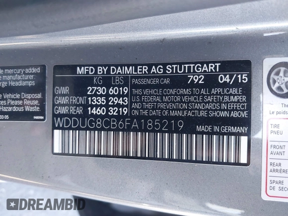 2015 Mercedes-Benz S-Class S 550 with VIN WDDUG8CB6FA185219, listed as a IAAI auction lot 41331211 with 1 mi miles. Bid and sale history available at carsss.com. Image 9.