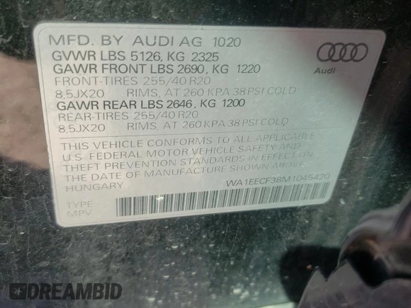 2021 Audi Q3 S line Premium Plus with VIN WA1EECF38M1045420, listed as a Copart auction lot 48039973 with 19,906 mi miles. Bid and sale history available at carsss.com. Image 14.