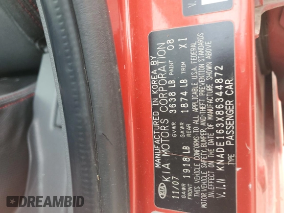 2008 Kia Rio LX with VIN KNADE163X86344872, listed as a Copart auction lot 48530245 with 166,909 mi miles and Salvage Title. Bid and sale history available at carsss.com. Image 12.