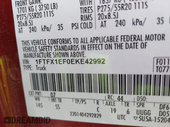 2014 Ford F-150 XL with VIN 1FTFX1EF0EKE42992, listed as a IAAI auction lot 41568048 with 156,499 mi miles. Bid and sale history available at carsss.com. Image 9.