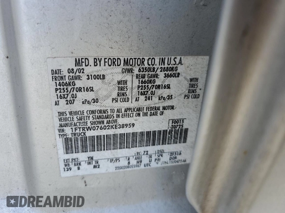 2002 Ford F-150 XLT with VIN 1FTRW07602KE38959, listed as a Copart auction lot 50547095 with 160,908 mi miles and Salvage Title. Bid and sale history available at carsss.com. Image 12.