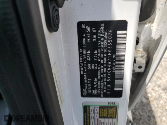 2015 Kia Optima LX with VIN 5XXGM4A71FG355076, listed as a Copart auction lot 61904065 with 147,985 mi miles and Salvage title. Bid and sale history available at DreamBid. Image 13.