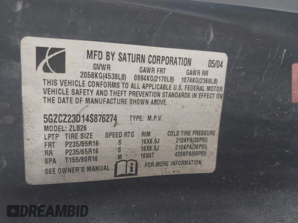 2004 Saturn VUE with VIN 5GZCZ23D14S876274, listed as a IAAI auction lot 42084891 with Not Provided miles and . Bid and sale history available at DreamBid. Image 9.
