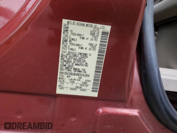 2004 Nissan Quest SE with VIN 5N1BV28U64N324264, listed as a Copart auction lot 79508494 with 0 mi miles and Salvage Title. Bid and sale history available at carsss.com. Image 15.
