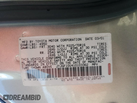 2001 Lexus RX 300 with VIN JTJGF10U410103362, listed as a Copart auction lot 85323674 with 117,263 mi miles and Salvage Title. Bid and sale history available at DreamBid. Image 13.