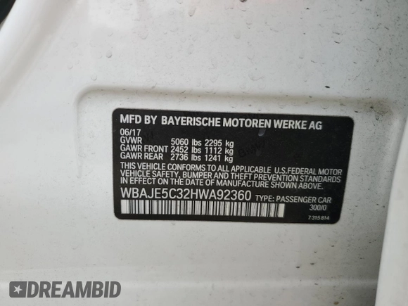 2017 BMW 5 Series 540i с VIN WBAJE5C32HWA92360, выставлен на аукционе Copart как лот 54243025 с пробегом 123 597 миль миль и Списание • Salvage title. История ставок и продаж доступна на DreamBid. Изображение 12.