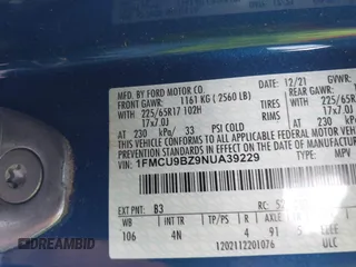 2022 Ford Escape SE Hybrid with VIN 1FMCU9BZ9NUA39229, listed as a IAAI auction lot 42447009 with 39,657 mi miles and . Bid and sale history available at DreamBid. Image 9.