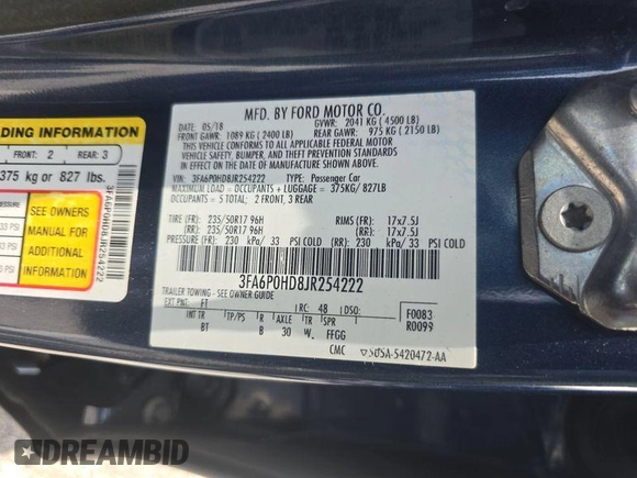 2018 Ford Fusion SE with VIN 3FA6P0HD8JR254222, listed as a IAAI auction lot 42787300 with 136,598 mi miles and . Bid and sale history available at DreamBid. Image 15.