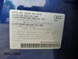 2016 Audi Q5 Premium Plus z VIN WA1L2AFPXGA145238, wystawiony jako Copart lot #56550615 z przebiegiem 127 433 mil mil oraz Szkoda całkowita • Salvage title. Historia ofert i sprzedaży dostępna na DreamBid. Obrazek 12.