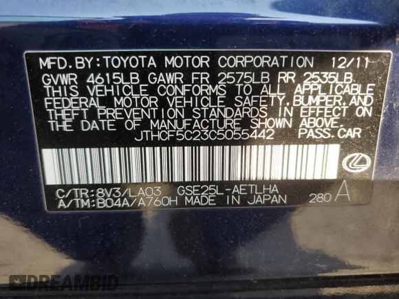 2012 Lexus IS 250 with VIN JTHCF5C23C5055442, listed as a Copart auction lot 58439585 with 104,121 mi miles and Salvage title. Bid and sale history available at DreamBid. Image 12.