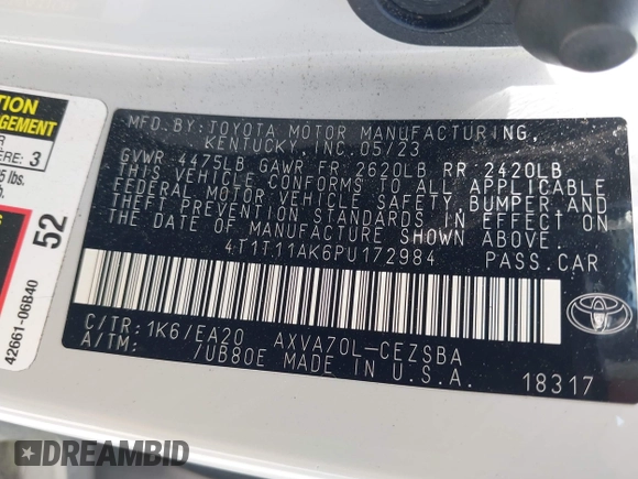 2023 Toyota Camry SE with VIN 4T1T11AK6PU172984, listed as a IAAI auction lot 41939130 with 55,169 mi miles and . Bid and sale history available at DreamBid. Image 9.