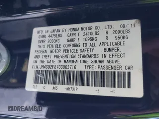 2012 Acura TSX Special Edition with VIN JH4CU2F87CC003716, listed as a IAAI auction lot 41363075 with 168,223 mi miles and . Bid and sale history available at DreamBid. Image 9.