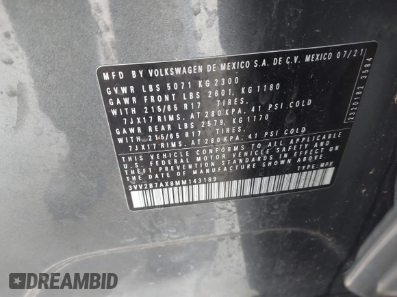 2021 Volkswagen Tiguan SE with VIN 3VV2B7AX8MM143189, listed as a IAAI auction lot 41646843 with 56,672 mi miles and . Bid and sale history available at DreamBid. Image 9.
