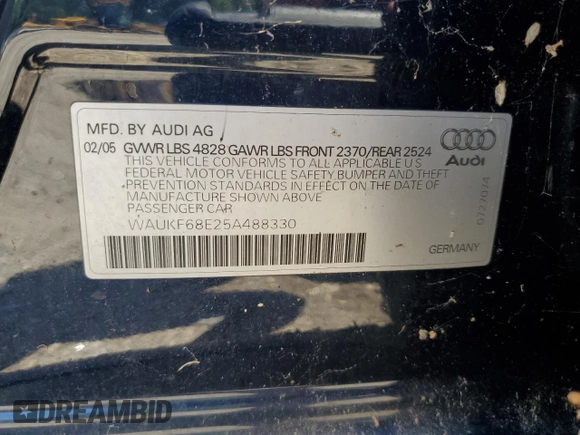 2005 Audi A4 2.0T with VIN WAUKF68E25A488330, listed as a Copart auction lot 85213864 with 0 mi miles and Non Repairable. Bid and sale history available at carsss.com. Image 12.
