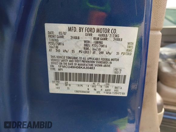 2008 Ford Escape Hybrid with VIN 1FMCU49H08KA30483, listed as a IAAI auction lot 42830513 with 270,740 mi miles and . Bid and sale history available at DreamBid. Image 9.