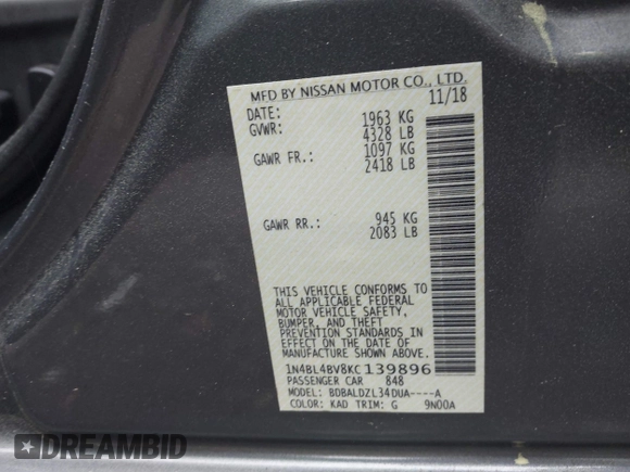 2019 Nissan Altima S with VIN 1N4BL4BV8KC139896, listed as a IAAI auction lot 41845640 with 80,719 mi miles and . Bid and sale history available at carsss.com. Image 9.