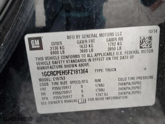 2015 Chevrolet Silverado 1500 LS with VIN 1GCRCPEH5FZ181364, listed as a Copart auction lot 84727204 with 0 mi miles and Salvage Title. Bid and sale history available at carsss.com. Image 14.