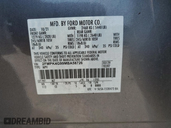 2021 Ford Edge SE with VIN 2FMPK4G99MBA58726, listed as a Copart auction lot 56795185 with 80,360 mi miles and Salvage title. Bid and sale history available at DreamBid. Image 13.