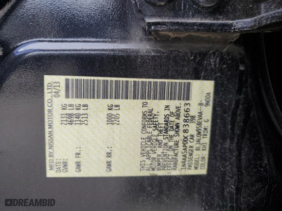 2013 Nissan Maxima 3.5 S with VIN 1N4AA5AP0DC838663, listed as a Copart auction lot 43318705 with 172,745 mi miles and Salvage Title. Bid and sale history available at carsss.com. Image 14.