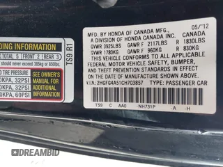 2012 Honda Civic Cpe Si with VIN 2HGFG4A51CH703857, listed as a IAAI auction lot 41484989 with 123,814 mi miles. Bid and sale history available at carsss.com. Image 9.