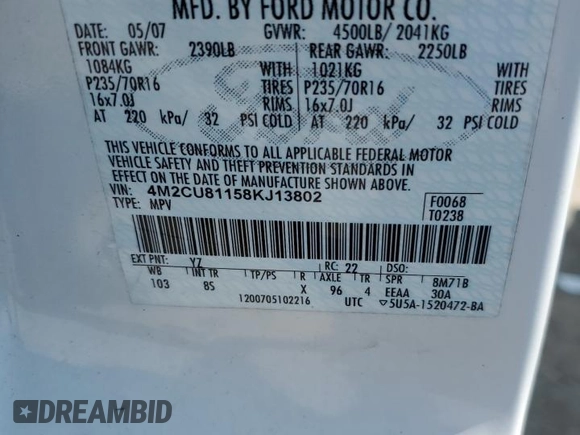 2008 Mercury Mariner with VIN 4M2CU81158KJ13802, listed as a Copart auction lot 57981485 with 109,225 mi miles and Salvage title. Bid and sale history available at DreamBid. Image 12.