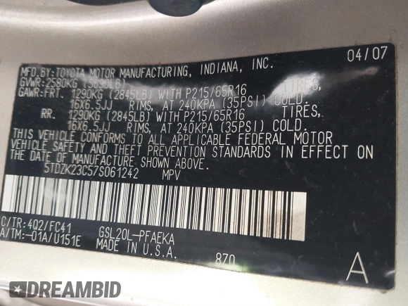 2007 Toyota Sienna CE with VIN 5TDZK23C57S061242, listed as a IAAI auction lot 41738859 with Not Provided miles and . Bid and sale history available at DreamBid. Image 9.