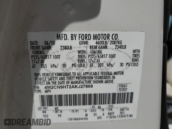 2010 Mercury Mariner Premier z VIN 4M2CN9H72AKJ27868, wystawiony jako Copart lot #50773845 z przebiegiem 181 181 mil mil oraz Szkoda całkowita • Salvage title. Historia ofert i sprzedaży dostępna na DreamBid. Obrazek 13.