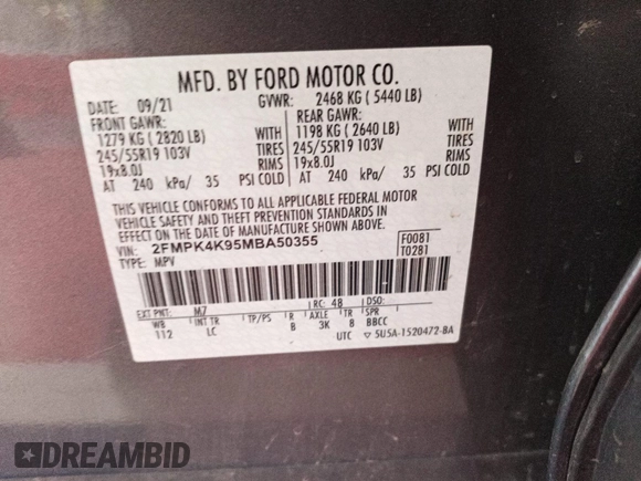 2021 Ford Edge Titanium with VIN 2FMPK4K95MBA50355, listed as a IAAI auction lot 42821253 with 109,191 mi miles and . Bid and sale history available at DreamBid. Image 17.