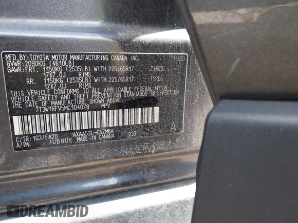 2021 Toyota RAV4 XLE with VIN 2T3W1RFV5MC104078, listed as a IAAI auction lot 42591343 with 57,057 mi miles and . Bid and sale history available at DreamBid. Image 9.