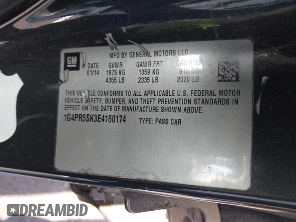 2014 Buick Verano Convenience Group with VIN 1G4PR5SK3E4160174, listed as a IAAI auction lot 41894187 with 207,066 mi miles. Bid and sale history available at carsss.com. Image 9.