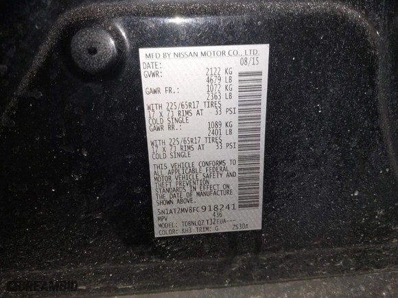 2015 Nissan Rogue SV with VIN 5N1AT2MV8FC918241, listed as a IAAI auction lot 41733268 with 124776 miles. Bid and sale history available at carsss.com. Image 9.