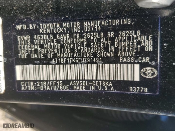 2014 Toyota Camry L with VIN 4T1BF1FK6EU791491, listed as a Copart auction lot 45714295 with 199,624 mi miles and Salvage Title. Bid and sale history available at carsss.com. Image 15.