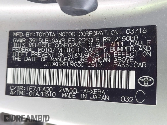 2016 Toyota Prius Two with VIN JTDKBRFU9G3010519, listed as a IAAI auction lot 41455426 with 82,029 mi miles. Bid and sale history available at carsss.com. Image 9.
