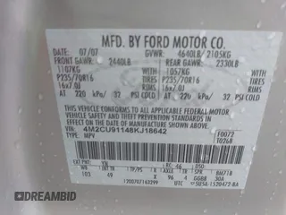 2008 Mercury Mariner с VIN 4M2CU91148KJ18642, выставлен на аукционе IAAI как лот 42022518 с пробегом 90 305 миль миль и . История ставок и продаж доступна на DreamBid. Изображение 9.