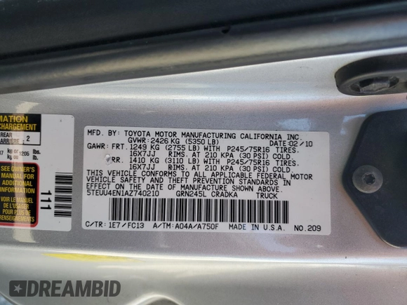 2010 Toyota Tacoma z VIN 5TEUU4EN1AZ740210, wystawiony jako Copart lot #58001235 z przebiegiem 126 682 mil mil oraz Szkoda całkowita • Salvage title. Historia ofert i sprzedaży dostępna na DreamBid. Obrazek 13.