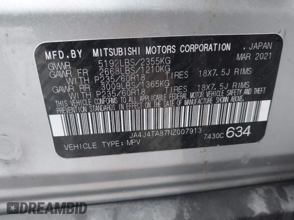 2022 Mitsubishi Outlander ES with VIN JA4J4TA87NZ007913, listed as a IAAI auction lot 41552837 with 91,127 mi miles. Bid and sale history available at carsss.com. Image 9.