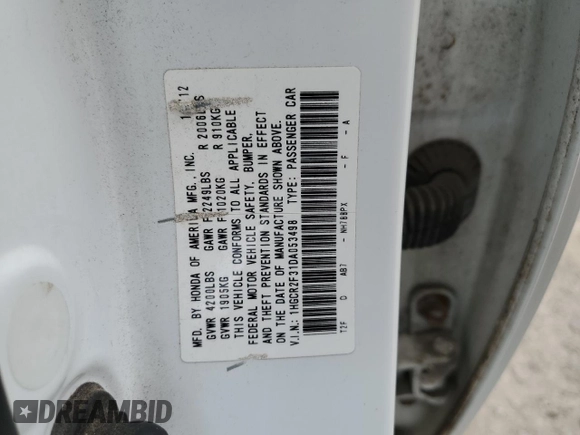 2013 Honda Accord LX z VIN 1HGCR2F31DA053498, wystawiony jako Copart lot #54862855 z przebiegiem 244 365 mil mil oraz Szkoda całkowita • Salvage title. Historia ofert i sprzedaży dostępna na DreamBid. Obrazek 12.