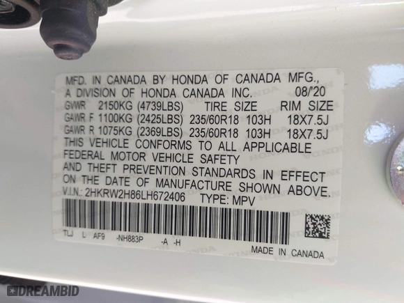 2020 Honda CR-V EX-L with VIN 2HKRW2H86LH672406, listed as a IAAI auction lot 41680352 with 61,485 mi miles. Bid and sale history available at carsss.com. Image 9.