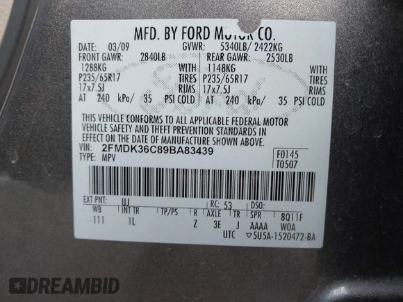2009 Ford Edge SE with VIN 2FMDK36C89BA83439, listed as a IAAI auction lot 41964586 with 163,695 mi miles. Bid and sale history available at carsss.com. Image 9.