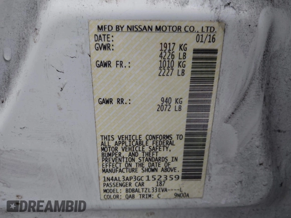 2016 Nissan Altima SV with VIN 1N4AL3AP3GC152359, listed as a IAAI auction lot 41681963 with 70,609 mi miles and . Bid and sale history available at DreamBid. Image 9.