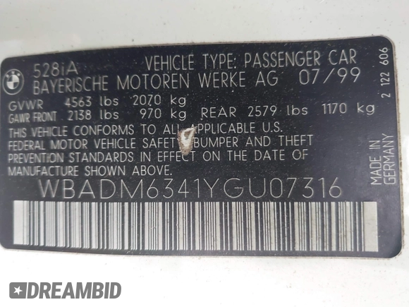 2000 BMW 5 Series 528i z VIN WBADM6341YGU07316, wystawiony jako IAAI lot #42436386 z przebiegiem Nie podano mil oraz . Historia ofert i sprzedaży dostępna na DreamBid. Obrazek 9.