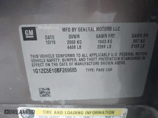 2011 Chevrolet Malibu LT w/1LT with VIN 1G1ZC5E10BF269685, listed as a IAAI auction lot 41642500 with 1 mi miles. Bid and sale history available at carsss.com. Image 9.