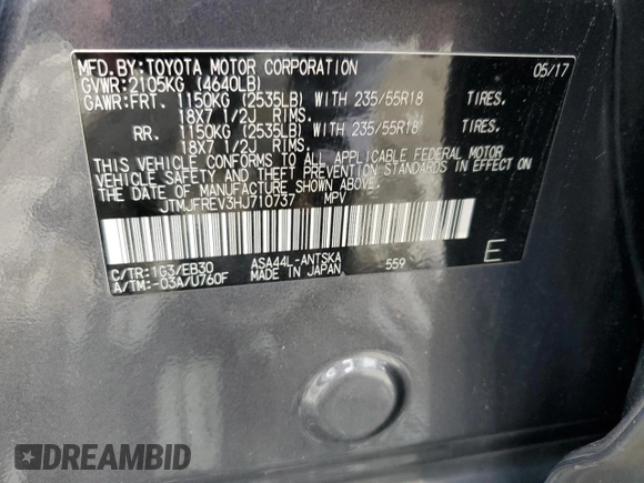 2017 Toyota RAV4 SE with VIN JTMJFREV3HJ710737, listed as a Copart auction lot 62915555 with 121,183 mi miles and Salvage title. Bid and sale history available at DreamBid. Image 13.