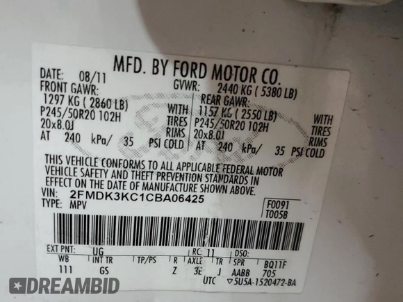 2012 Ford Edge Limited with VIN 2FMDK3KC1CBA06425, listed as a Copart auction lot 42625715 with 109,127 mi miles and Salvage Title. Bid and sale history available at carsss.com. Image 15.